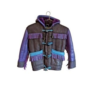Vintage Walter Davoucci Youth Medium Leather Shearling Jacket Black Purple Teal‎